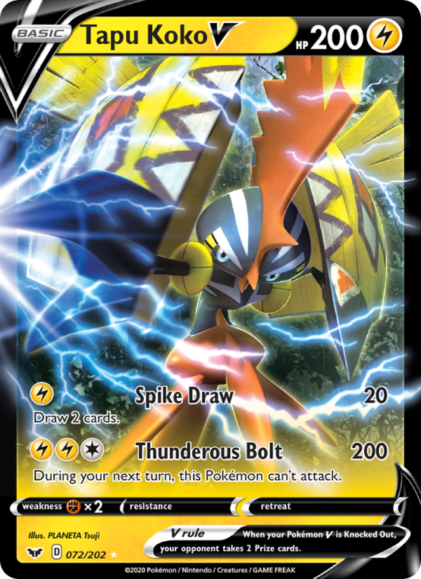 Tapu Koko V - 72/202 - SWSH1: Sword & Shield (Holo Rare V) — SWSH01: Sword & Shield Base Set